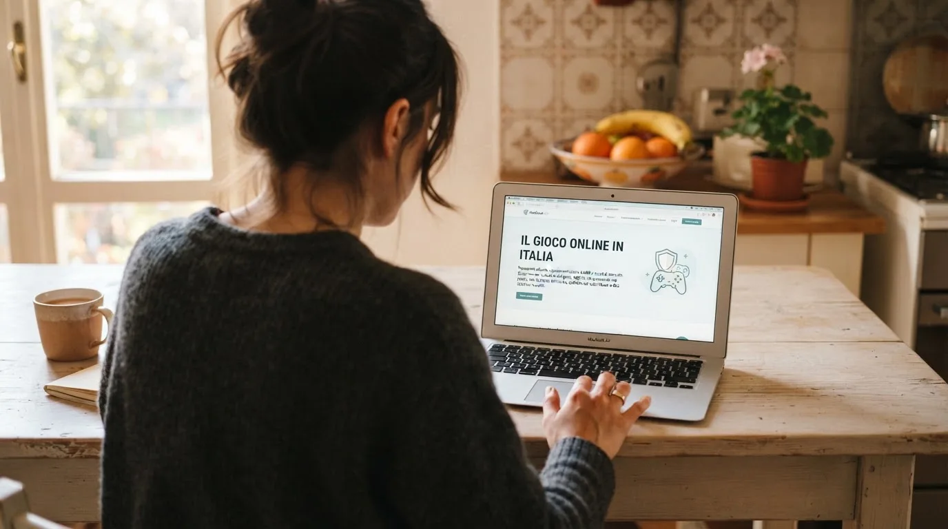 Persona davanti a un portatile che legge una pagina informativa sul gioco online in Italia — 100 giri gratis senza deposito