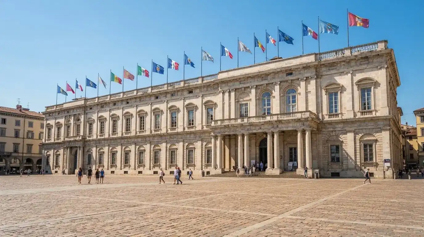 Palazzo istituzionale con bandiere al vento in una piazza soleggiata — 100 giri gratis senza deposito