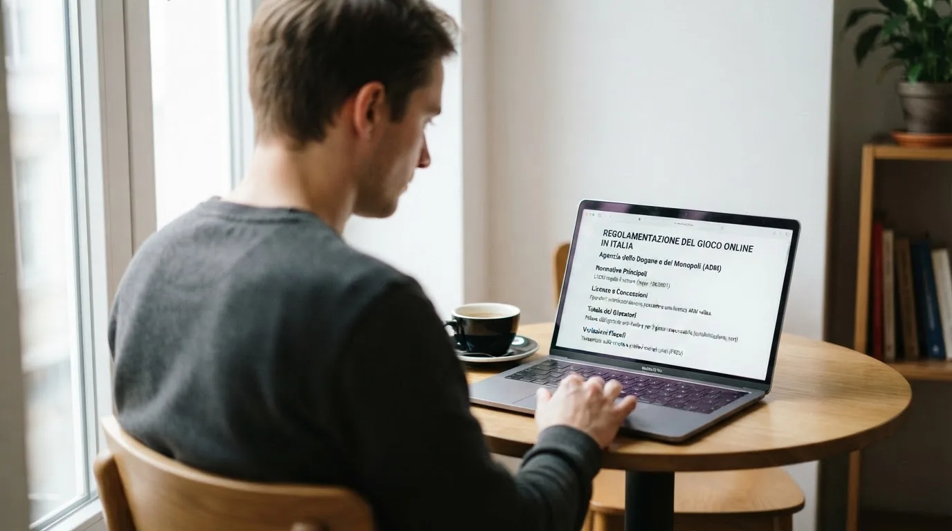 Persona davanti a un portatile che legge una pagina informativa sul gioco online in Italia — 25, 30, 50, 100, 200 giri gratis senza deposito