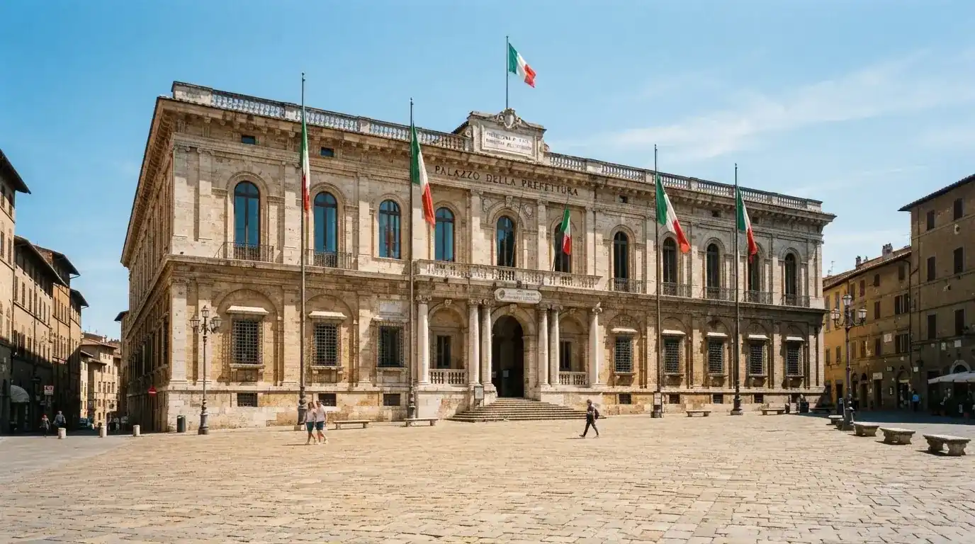 Palazzo istituzionale con bandiere al vento in una piazza soleggiata — 50 free spins senza deposito