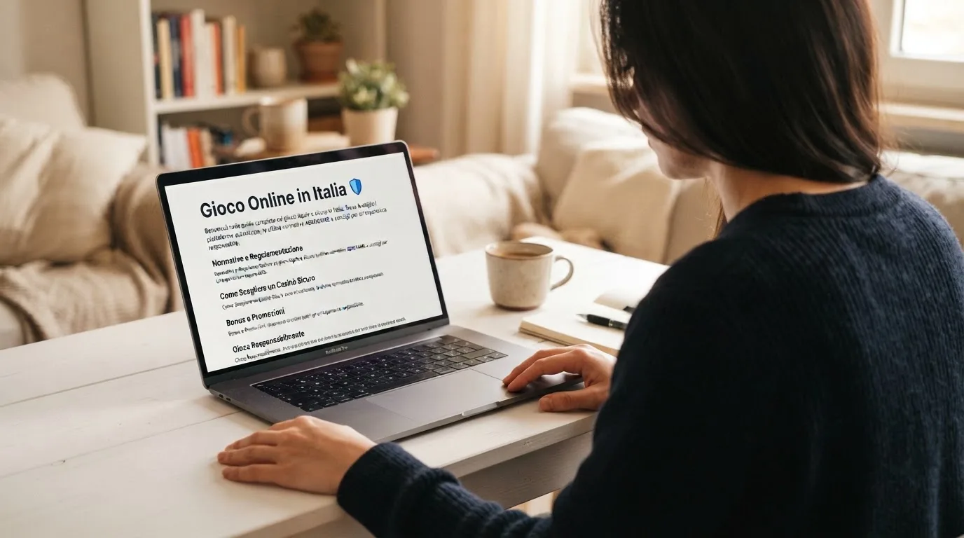 Persona davanti a un portatile che legge una pagina informativa sul gioco online in Italia — casinò che accettano bitcoin