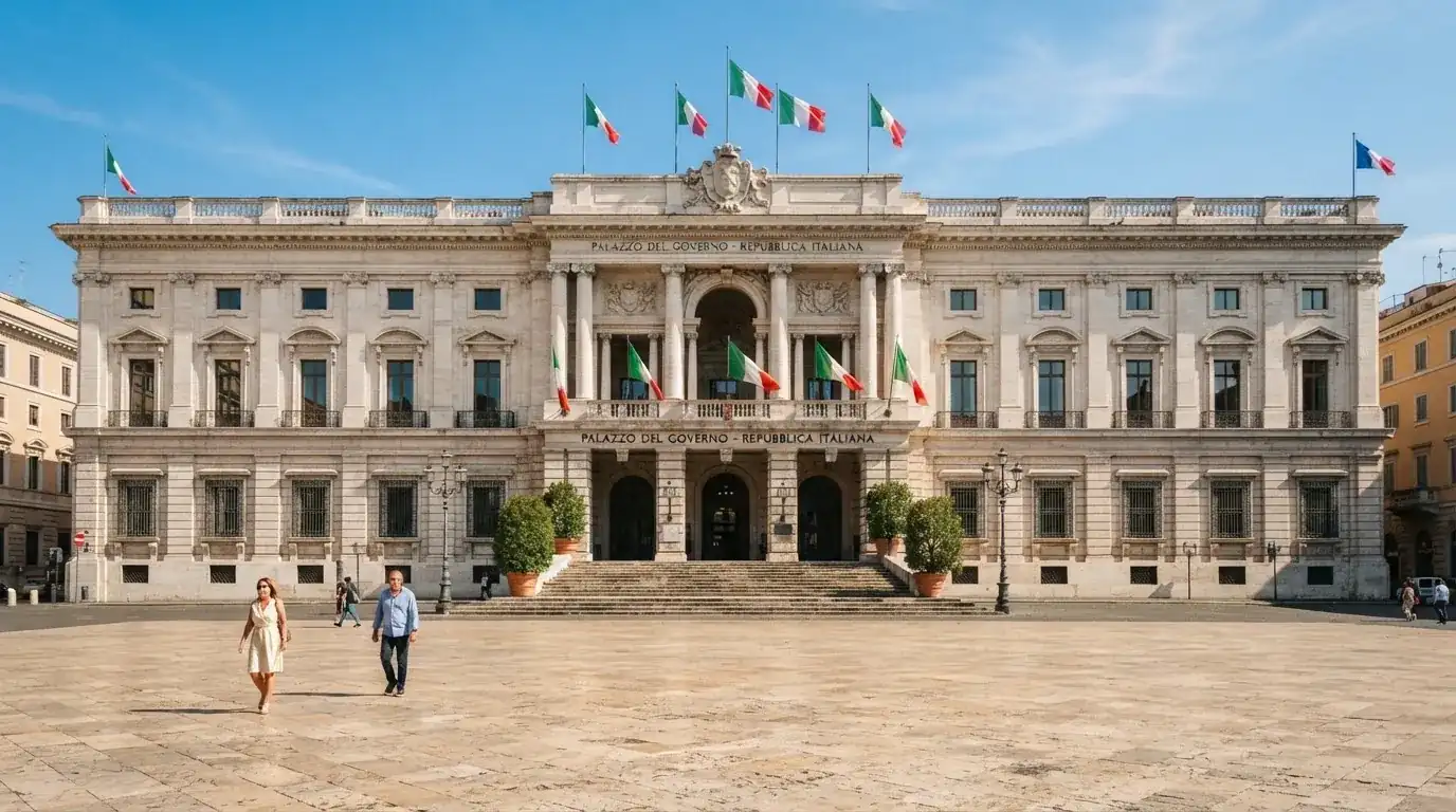 Palazzo istituzionale con bandiere al vento in una piazza soleggiata — casino com app android