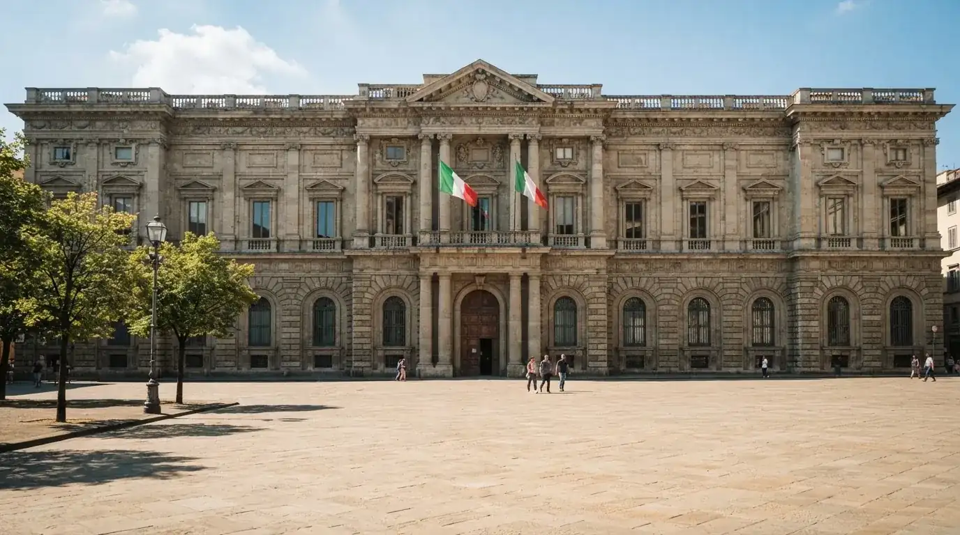 Palazzo istituzionale con bandiere al vento in una piazza soleggiata — casino com app iphone