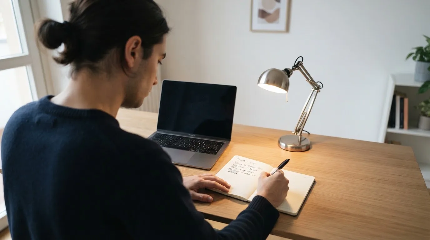 Una persona seduta a una scrivania minimalista con un laptop chiuso e una lampada accesa in un ufficio domestico ordinato.