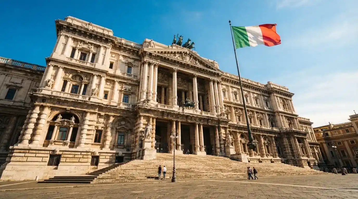 Un edificio governativo italiano con bandiera al vento fotografato dal basso in una giornata di sole.