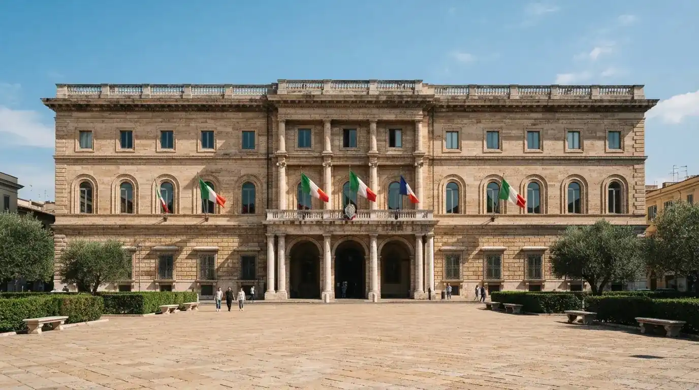Palazzo istituzionale con bandiere al vento in una piazza soleggiata — casino dal vivo online