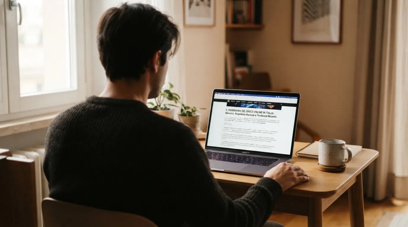 Persona davanti a un portatile che legge una pagina informativa sul gioco online in Italia — casino deposito minimo 1, 5, 10 e 20 euro