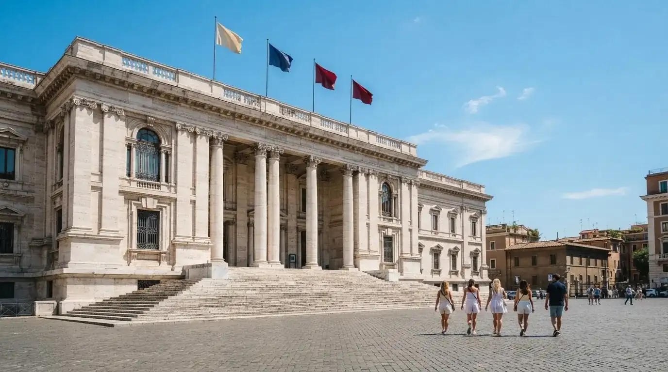 Palazzo istituzionale con bandiere al vento in una piazza soleggiata — casino deposito minimo 1, 5, 10 e 20 euro