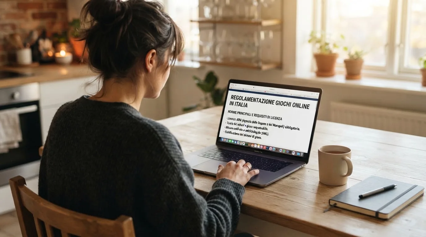 Persona davanti a un portatile che legge una pagina informativa sul gioco online in Italia — casino deposito minimo 10 centesimi