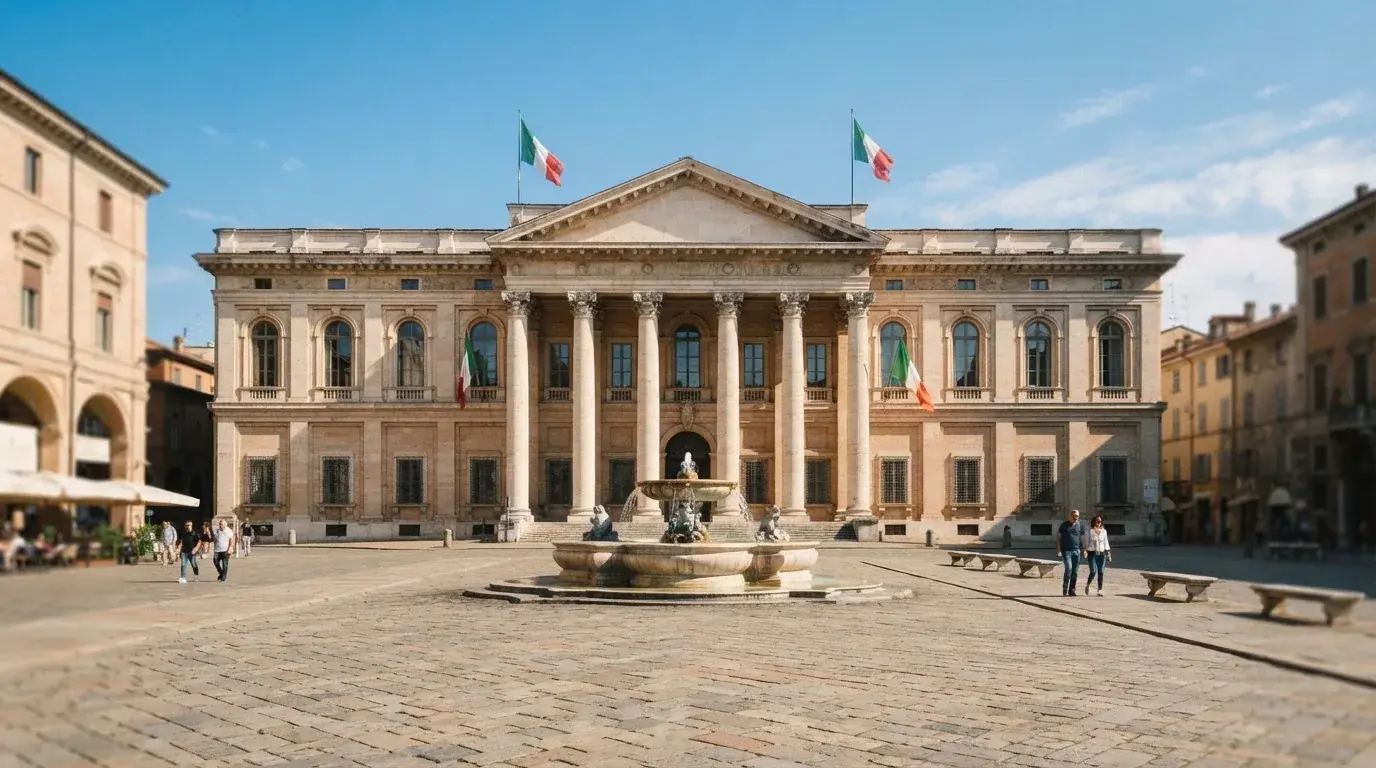 Palazzo istituzionale con bandiere al vento in una piazza soleggiata — casino deposito minimo 10 centesimi