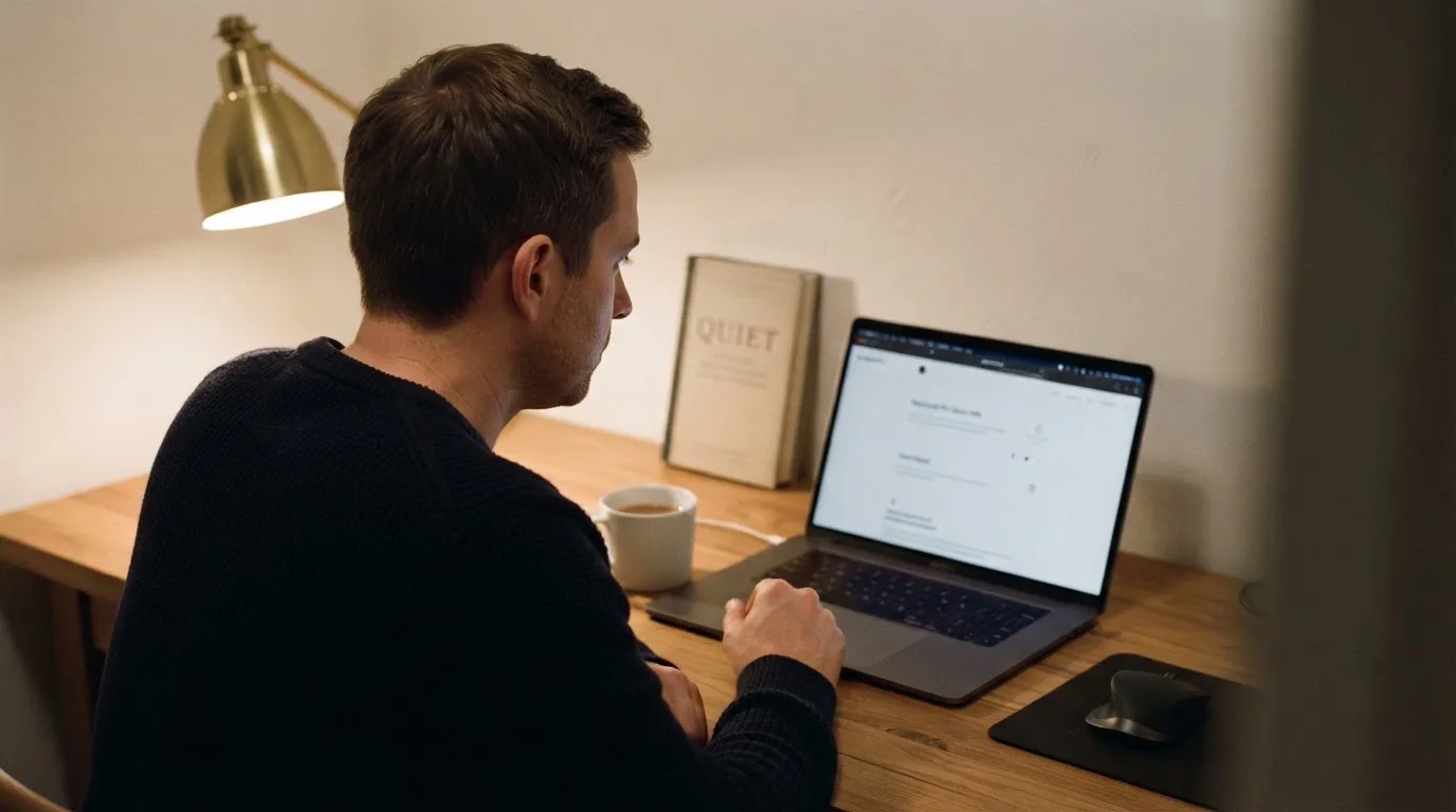 Un uomo seduto alla scrivania osserva pensieroso il monitor di un computer portatile, in una stanza ordinata con una tazza di caffè accanto.