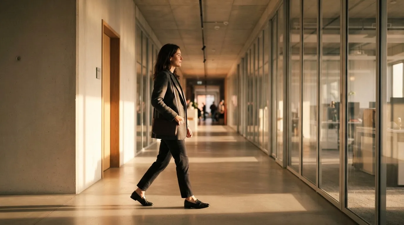 Una donna in giacca elegante cammina in un corridoio di uffici moderni con grandi vetrate, illuminato dalla luce del tardo pomeriggio.