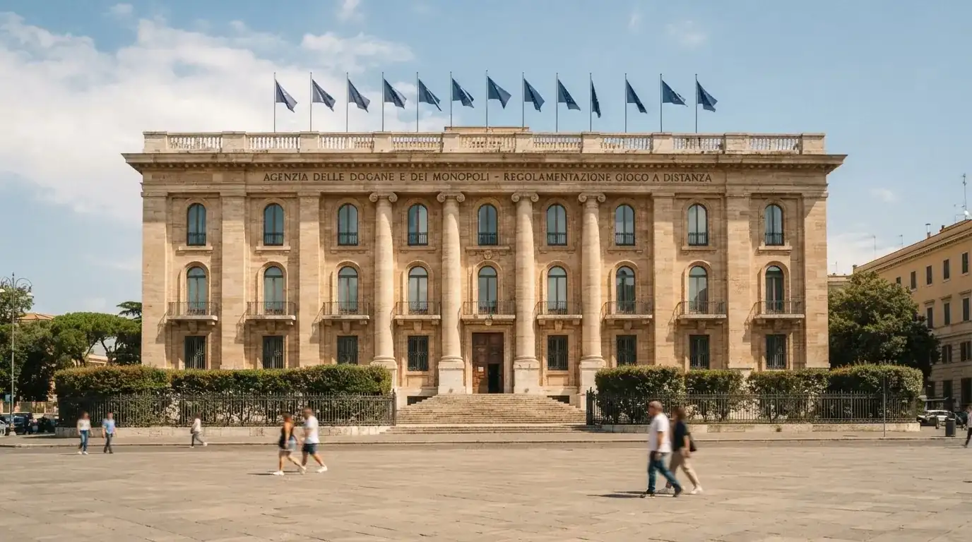 Palazzo istituzionale con bandiere al vento in una piazza soleggiata — casino metodi di pagamento italia
