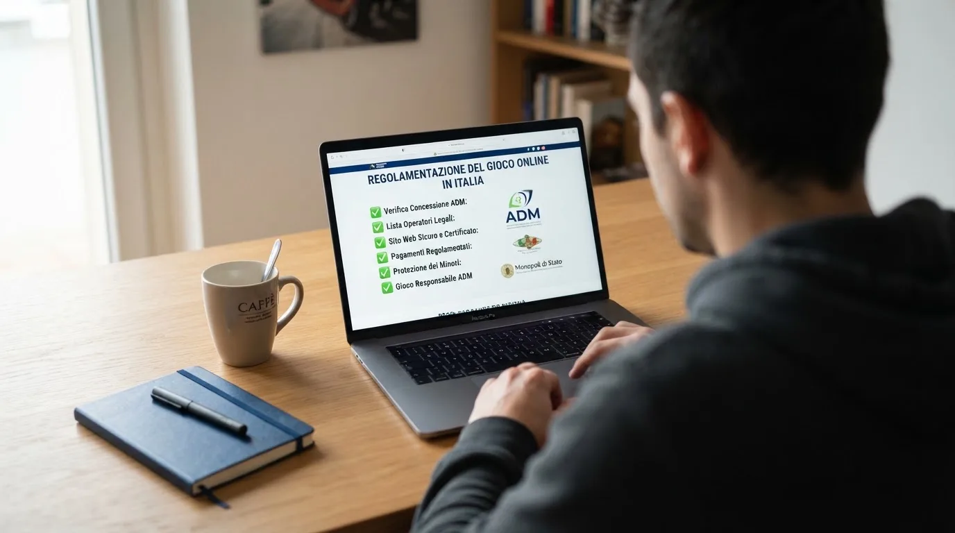 Persona davanti a un portatile che legge una pagina informativa sul gioco online in Italia — casino no adm