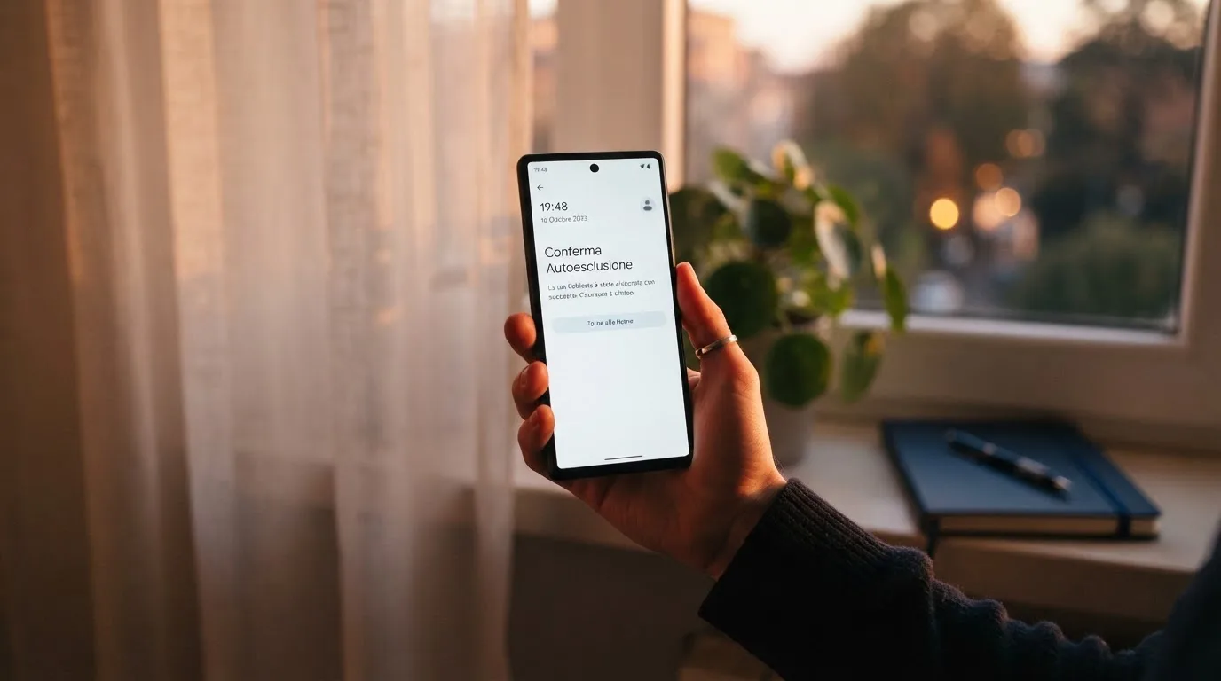 Mano che tiene uno smartphone accanto a una finestra, luce serale tranquilla — casino no adm