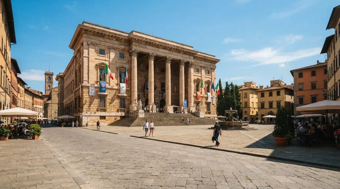 Palazzo istituzionale con bandiere al vento in una piazza soleggiata — casinò non aams che accettano dogecoin
