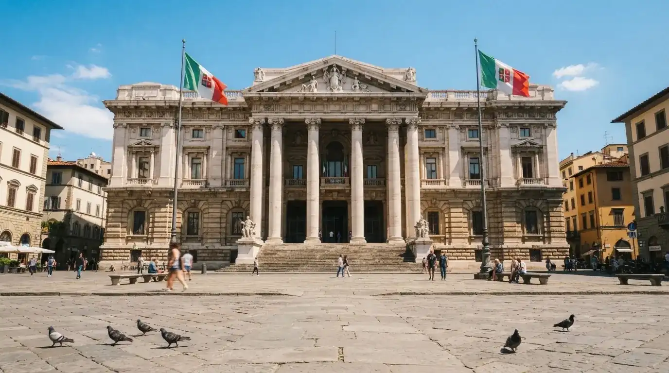 Palazzo istituzionale con bandiere al vento in una piazza soleggiata — casino non aams che accettano postepay