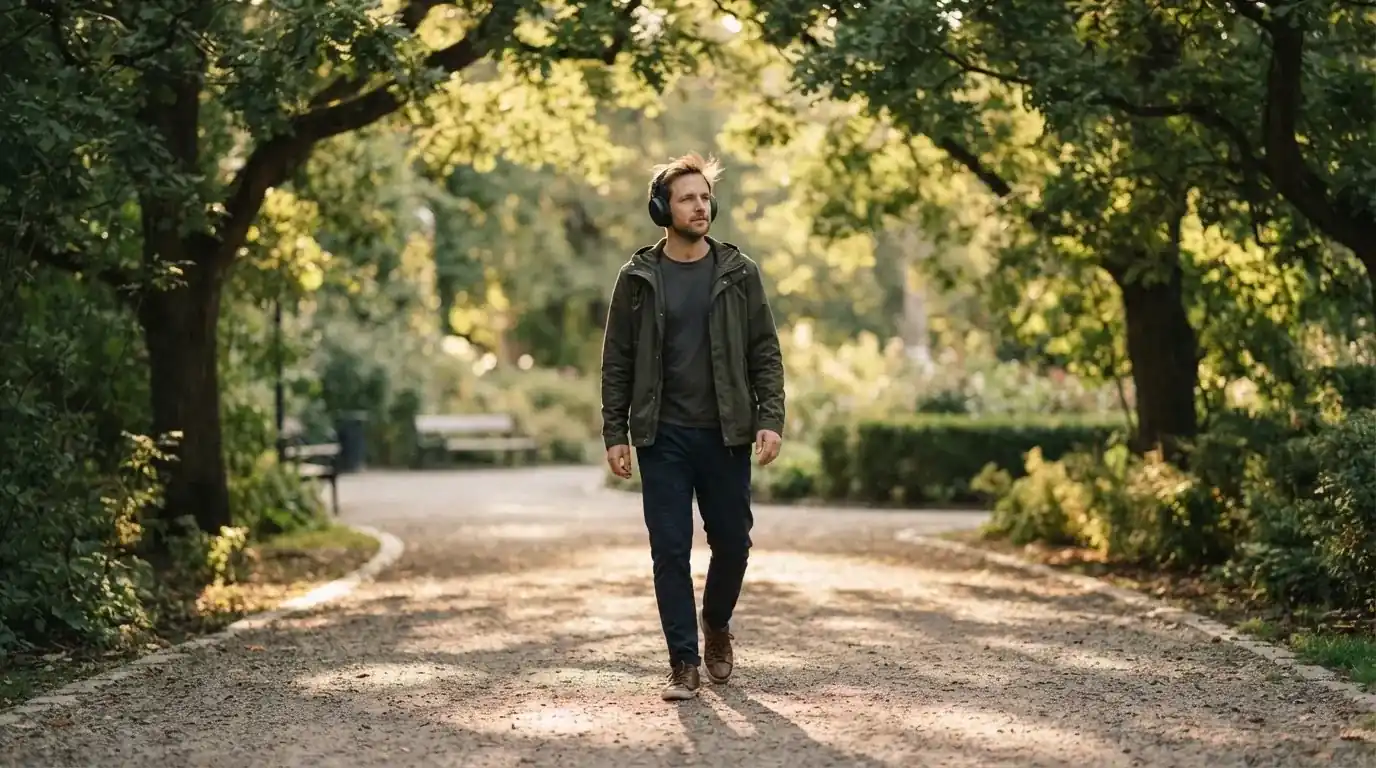 Un uomo cammina all'aperto in un parco cittadino indossando cuffie, lontano da qualsiasi dispositivo elettronico acceso.