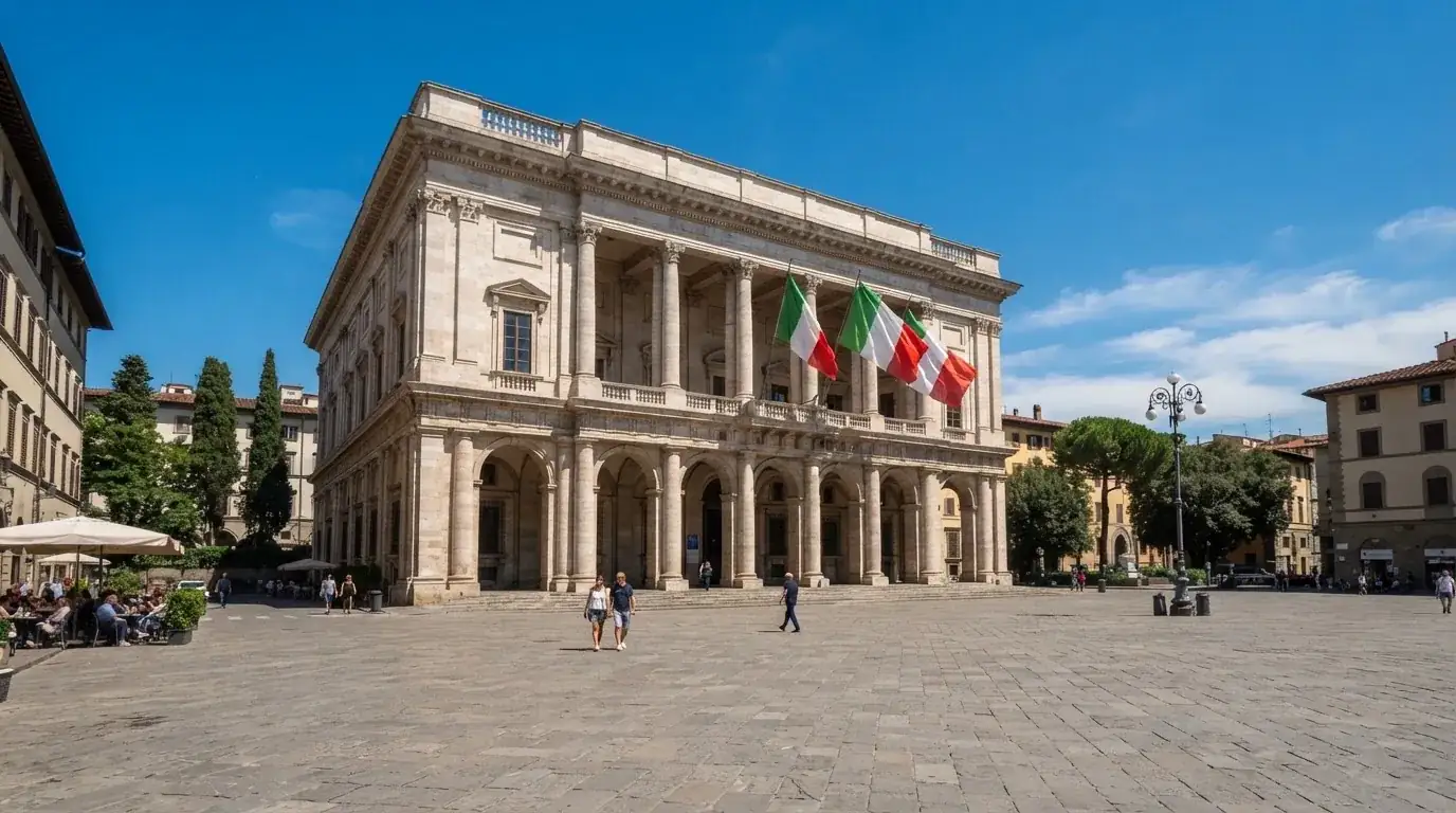Palazzo istituzionale con bandiere al vento in una piazza soleggiata — casino online con algoritmo unbiased
