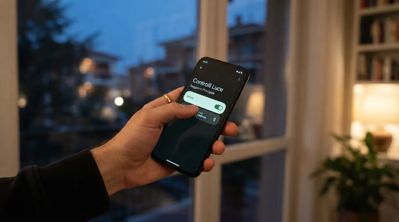 Mano che tiene uno smartphone accanto a una finestra, luce serale tranquilla — casino online con algoritmo unbiased