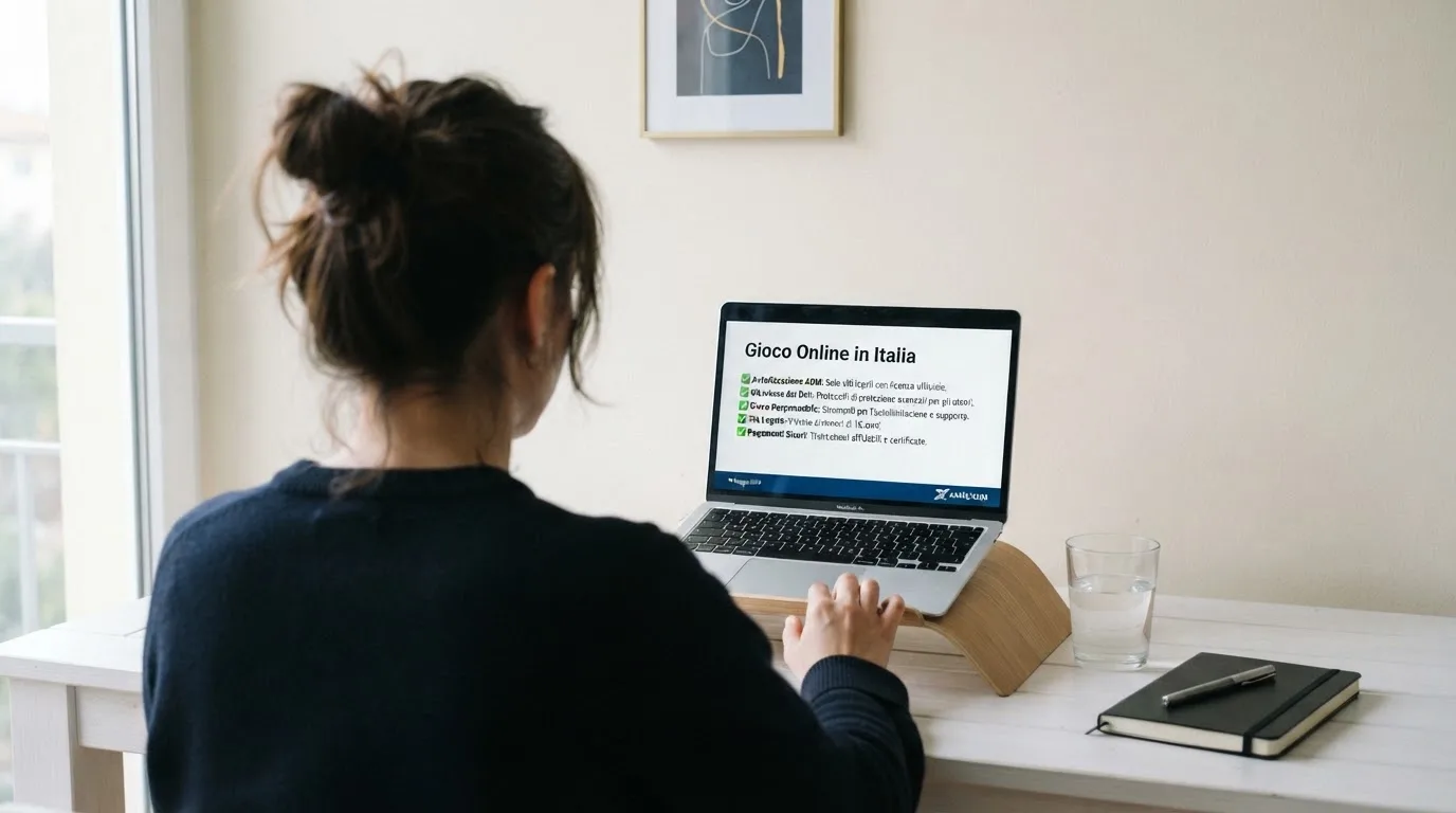 Persona davanti a un portatile che legge una pagina informativa sul gioco online in Italia — casino online con bonus crab