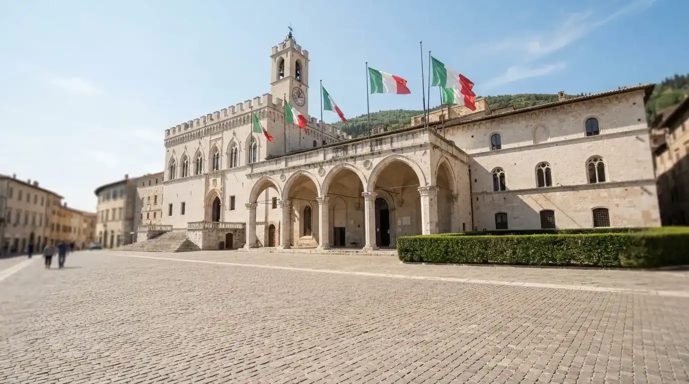 Palazzo istituzionale con bandiere al vento in una piazza soleggiata — casino online con bonus crab