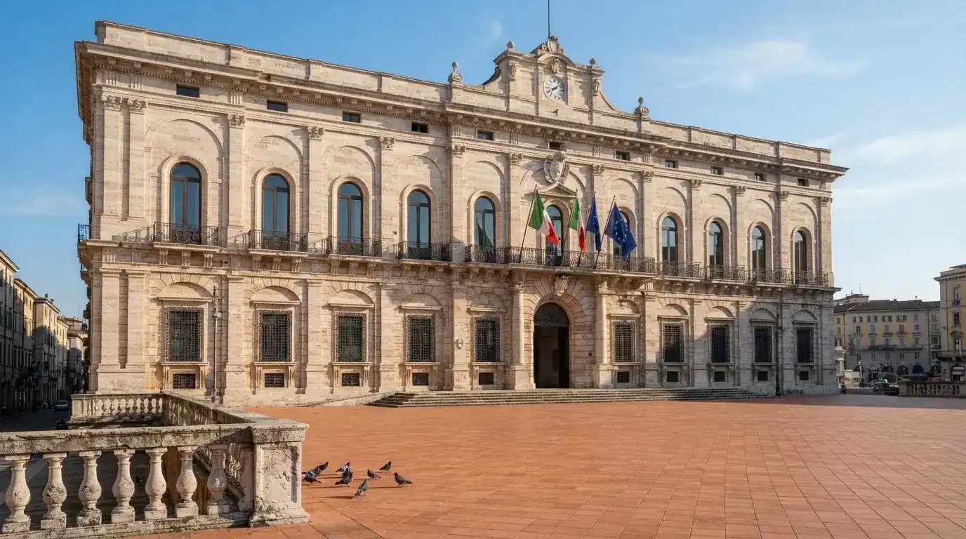 Palazzo istituzionale con bandiere al vento in una piazza soleggiata — casino online con cie