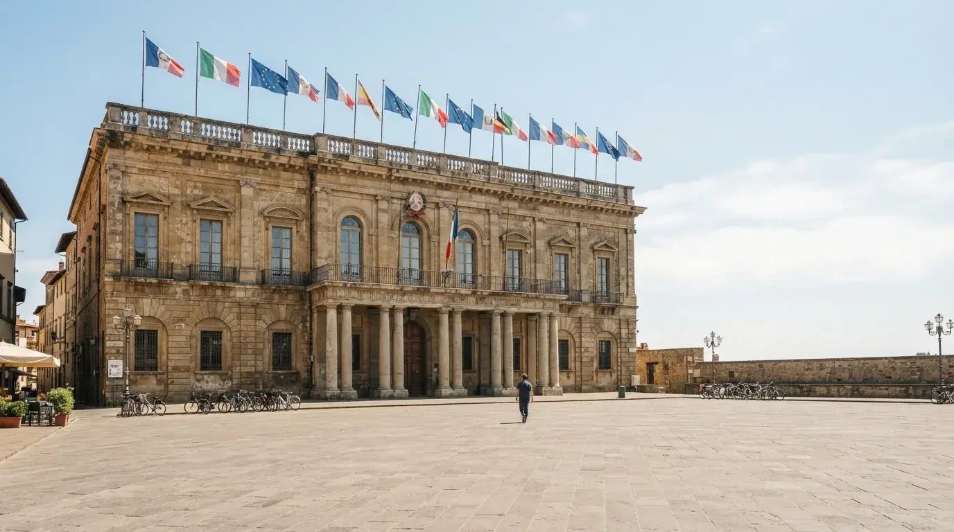 Palazzo istituzionale con bandiere al vento in una piazza soleggiata — casino online con soldi finti