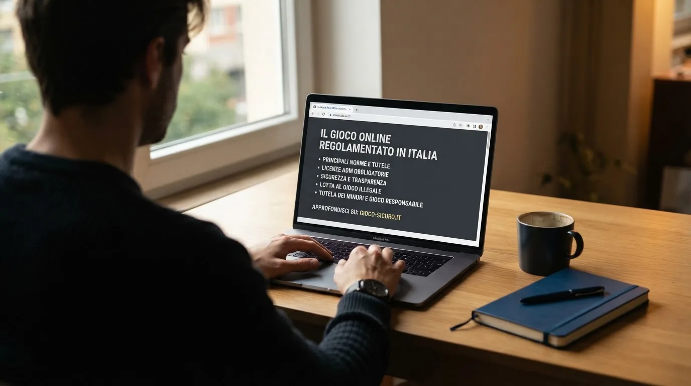 Persona davanti a un portatile che legge una pagina informativa sul gioco online in Italia — casino online italiani autorizzati aams