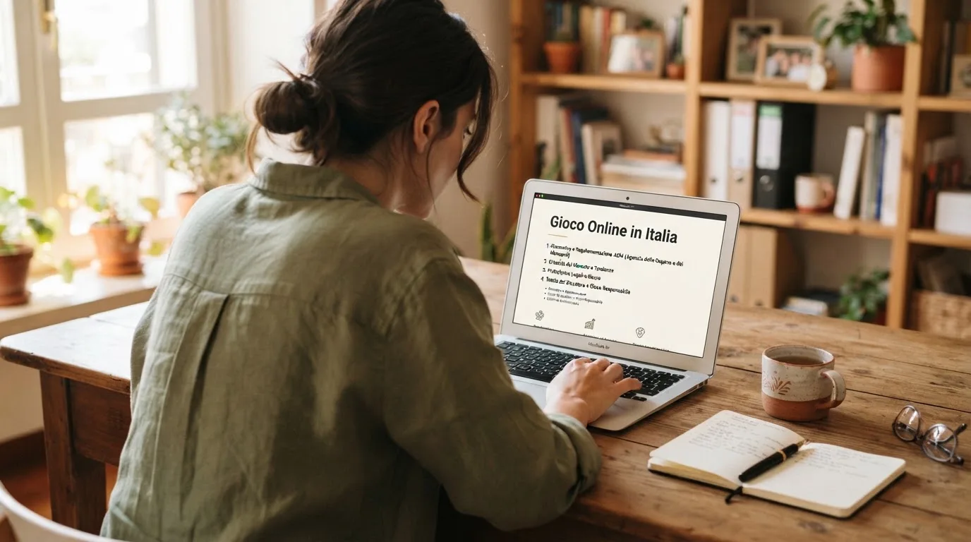 Persona davanti a un portatile che legge una pagina informativa sul gioco online in Italia — casino online italiani senza autoesclusione