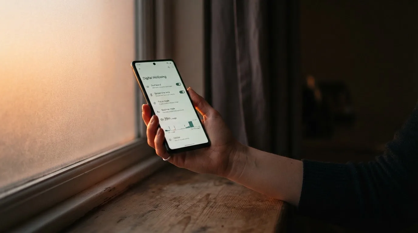 Mano che tiene uno smartphone accanto a una finestra, luce serale tranquilla — casino online sanremo