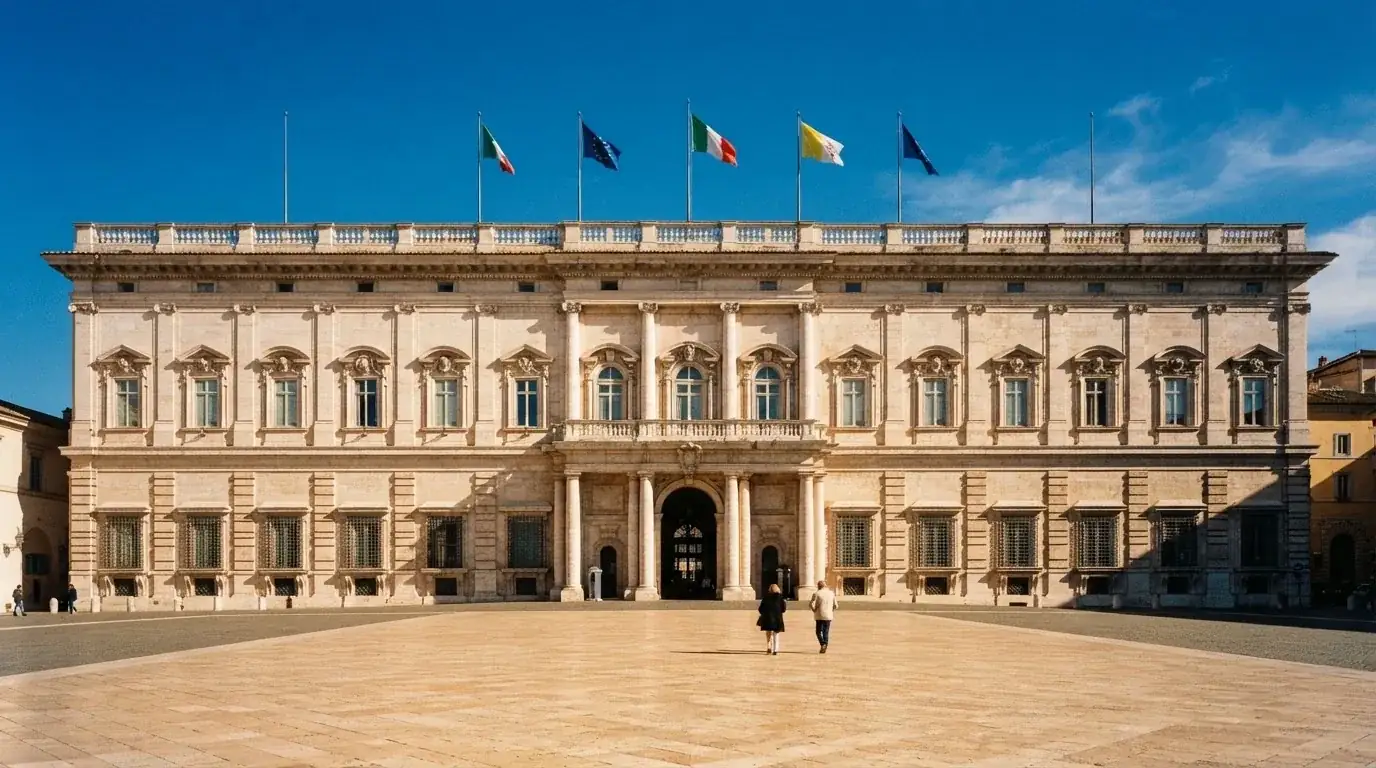 Palazzo istituzionale con bandiere al vento in una piazza soleggiata — casino online senza registrazione