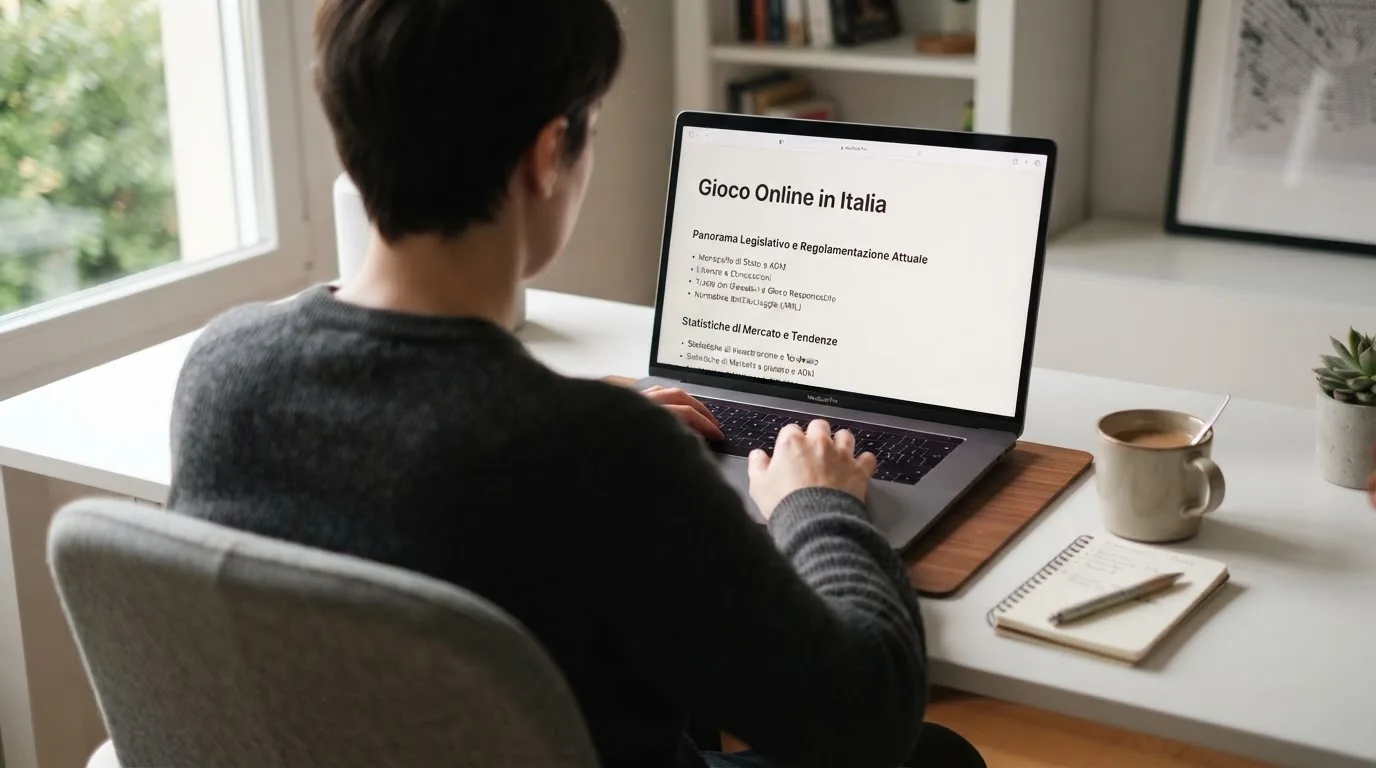 Persona davanti a un portatile che legge una pagina informativa sul gioco online in Italia — casino senza codice fiscale