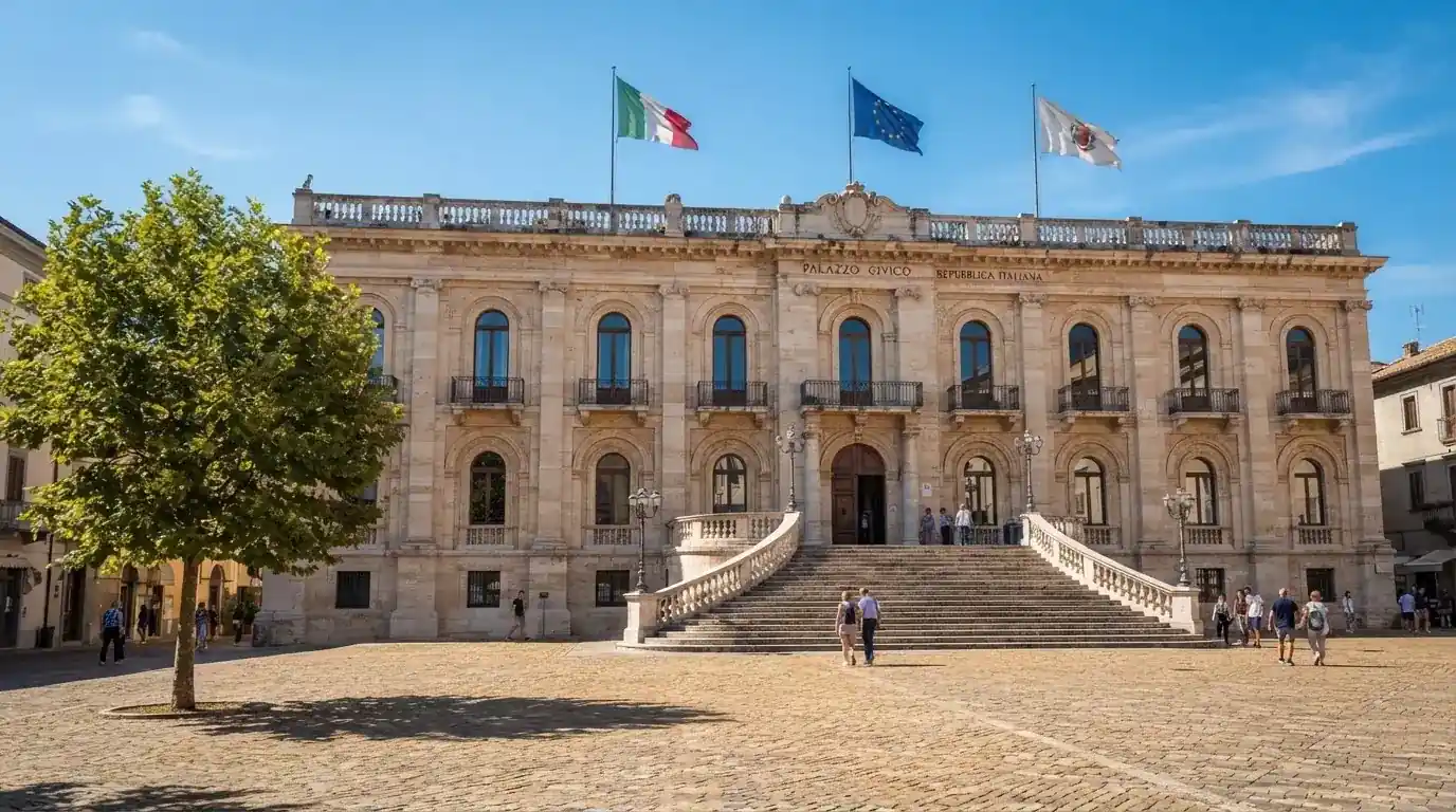 Palazzo istituzionale con bandiere al vento in una piazza soleggiata — casino senza codice fiscale