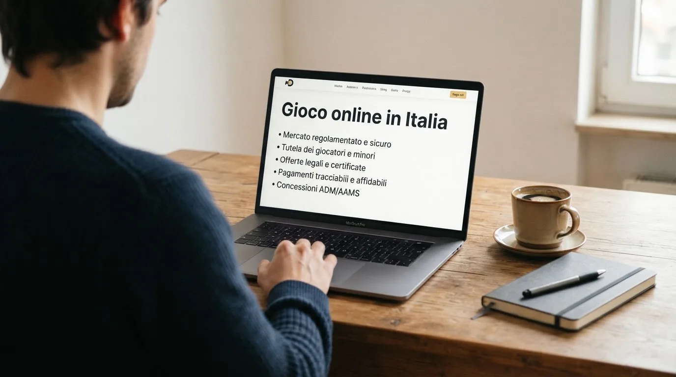 Persona davanti a un portatile che legge una pagina informativa sul gioco online in Italia — casinò slot machines con rtp alto