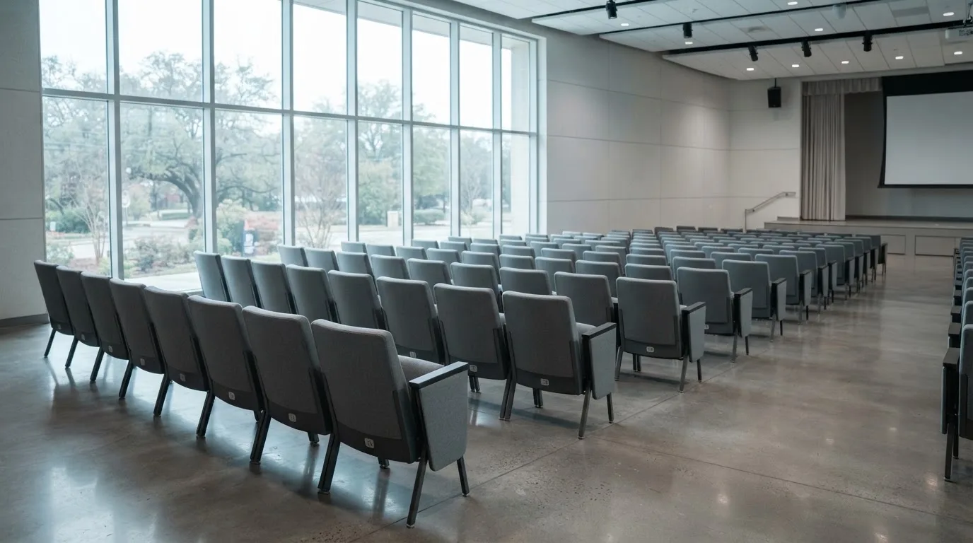 Una fila ordinata di sedie vuote disposte in un auditorium moderno illuminato da ampie finestre.
