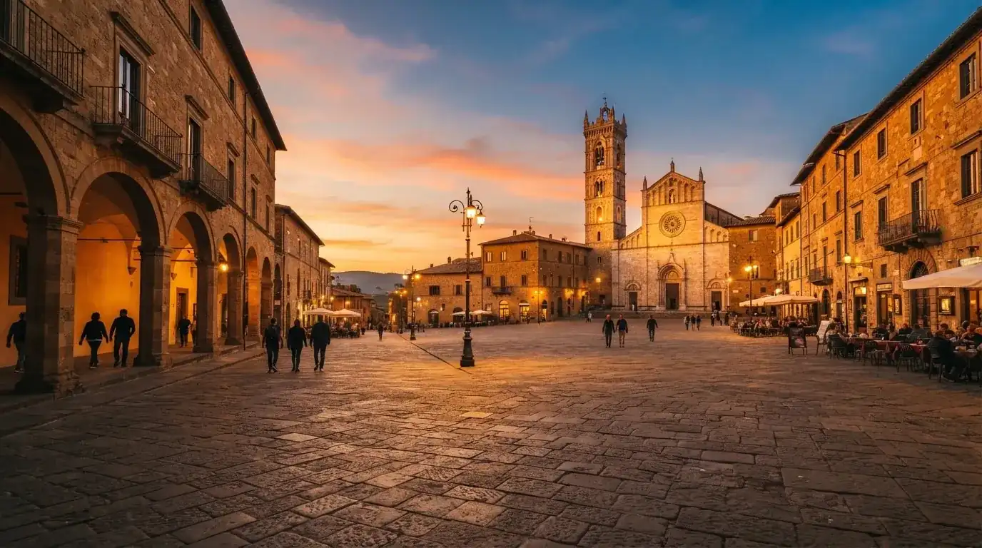Vista panoramica di una piazza italiana al tramonto con lampioni accesi e persone che passeggiano.