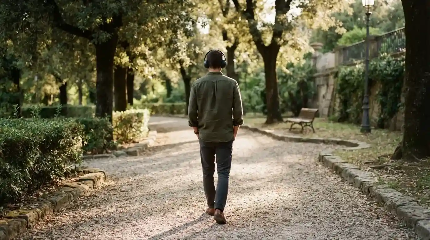 Un uomo cammina all'aperto in un parco cittadino indossando cuffie, lontano da qualsiasi dispositivo elettronico acceso.